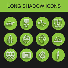 Set line Bullet, Dynamite bomb, Military tank, Target sport, knife, helmet, barracks and Army soldier icon. Vector