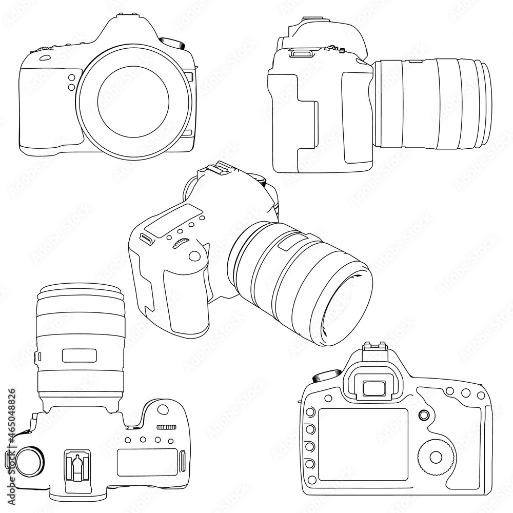 Poster set with contours of a digital camera with a lens from black lines isolated on a white background. s
