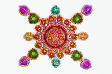Multicolor Diya, Deep Or Dia Arranged In Rangoli Floral Design. White Background With Space For Custom Text. Theme For Diwali, Navratri Pooja, Dussehra Puja, Ganesh Chaturthi, Shubh Deepawali