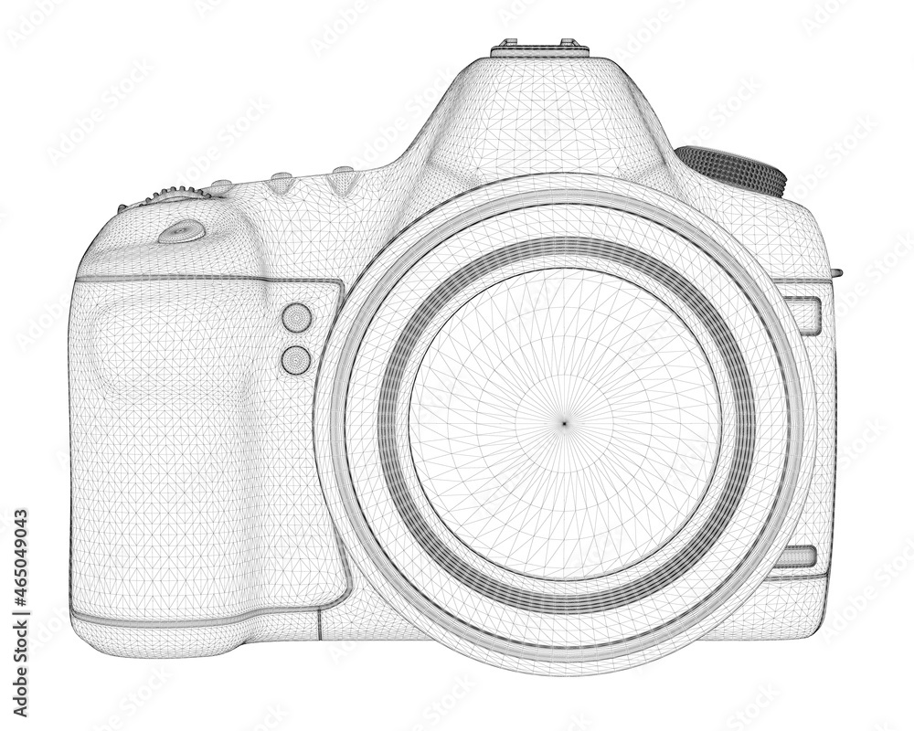 Poster digital camera wireframe with black lines lens isolated on white background. front view. 3d. vector 