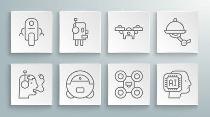 Set line Robot charging battery, vacuum cleaner, Drone, Humanoid robot, Waiter and icon. Vector
