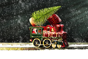 Christmas or New Year card with Santa Claus on the train with gifts. Festive decorations and presents for winter holidays.