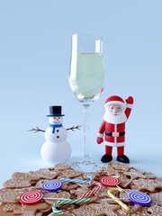 Santa Claus, Snowman, a scattering of gingerbread, sweets, a glass of sparkling wine. Idea for the New Year, Christmas banner, greeting card, design element. 3d illustration