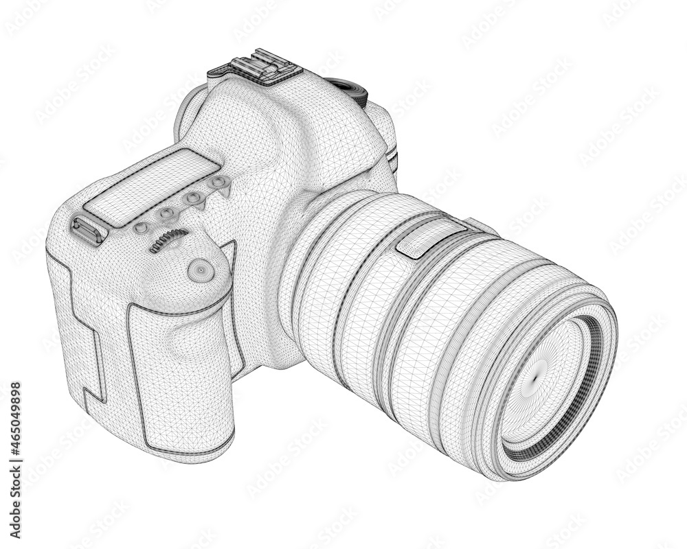 Poster digital camera wireframe with black lines lens isolated on white background. isometric view. 3d. vec