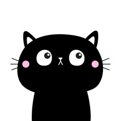 Cute black cat kitten head face looks up. Cartoon kawaii character. Pet baby collection. Happy Halloween. Greeting card. Flat design. Isolated. White background.