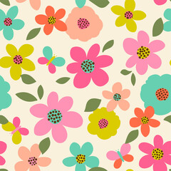 Colourful cute flower and butterfly seamless pattern background