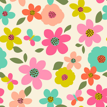 Colourful cute flower and butterfly seamless pattern background