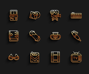 Set line Glasses, Cigarettes pack box, Tetris, Play Video, Retro tv, Skateboard trick, Fountain pen nib and Home stereo with two speakers icon. Vector