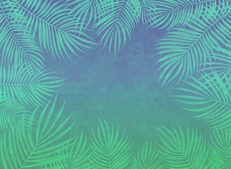 Fototapeta na wymiar Palm leaves on a blue green background. Decorative abstract summer background with tropical leaves. Botanical illustration. Space for graphic design and creative ideas.