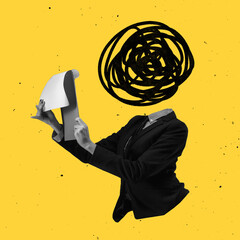 Modern design, contemporary art collage. Inspiration, idea, trendy urban magazine style. Chaos, mess in woman's head on yellow background