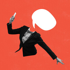 Modern design, contemporary art collage. Inspiration, idea, trendy urban magazine style. Woman with speech bubble instead head on red background