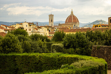 Fototapeta na wymiar Beautiful skyline of the city of Florence with the Duomo di Firenze in the middle taken from the palace, Tuscany, Italy