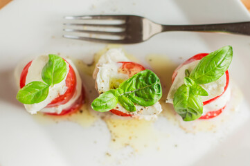 Caprese salad with mozarella cheese,tomatoes and basil.Top view