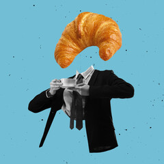 Modern design, contemporary art collage. Inspiration, idea, trendy urban magazine style. Man in business suit with croissant instead head