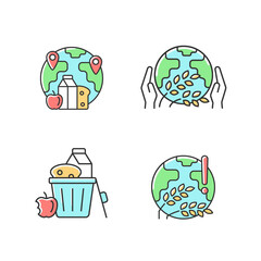 World hunger issues RGB color icons set. Global harvest wilt. International allocation. Starvation relief organizations. Isolated vector illustrations. Simple filled line drawings collection