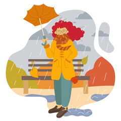 Vector illustration of a girl with glasses and a broken umbrella standing in the pouring autumn rain