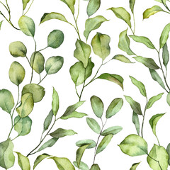 Fototapeta na wymiar Square seamless pattern with watercolor green botany. Hand painted realistic green leaves on twigs. Plants wallpapers