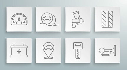 Set line Car battery, service, Location with car, key remote, Signal horn vehicle, Paint spray gun, tire wheel and Speedometer icon. Vector