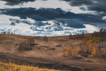 landscape, sky, mountain, clouds, mountains, cloud, grass, nature, hill, desert, cloudscape, scenery, road, countryside, travel, field, blue, valley, autumn, sand, land