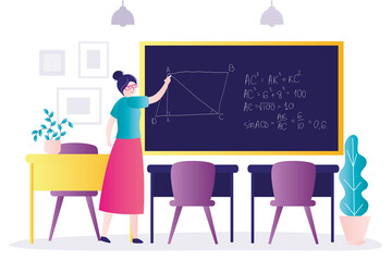 Female teacher explaining task on chalkboard to class. Mathematician explains task from geometry