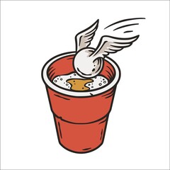 Beer pong game. Beer cup and flying ball with wings for competition or tournament in bar. Alcohol sport with throw and drink. College challenge with booze