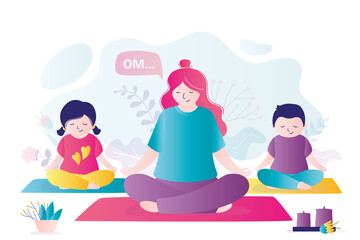 Woman and kids sit in lotus position. Instructor meditates with children. Little children practice yoga with trainer