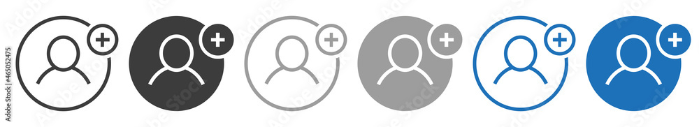 Poster set of add user icons. person profile avatar with plus, follower user symbol. vector illustration.