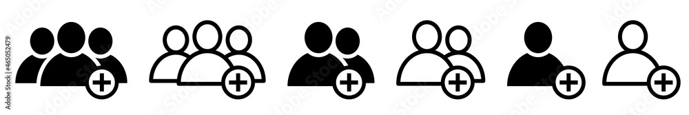 Aufkleber set of add friends icons. user group symbol. add sign, plus buttons. team silhouettes with add sign,