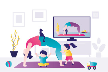 Children prevent mom from doing yoga. Kids play while mother stands in bridge pose