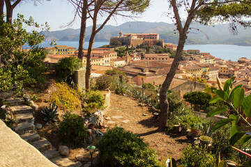 Touristic path leading to Fort Falcone at Elba Island on a sunny clear sky day, Tuscany, Italy