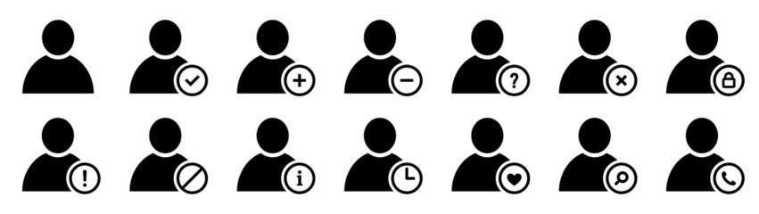 Set of users icons with many different actions. People silhouettes collection. Plus, minus, delete, error, search, block. One person symbols, status check. Vector illustration.