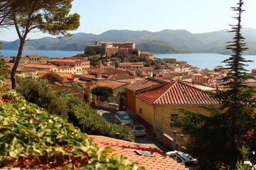 View of Elba island with the famous Fort Falcone in the background on a perfect summer day
