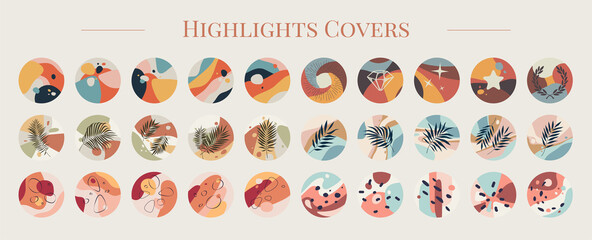 Big set of round social media highlight covers, various vector abstract and floral icons, сolorful background templates with geometric shapes for bloggers