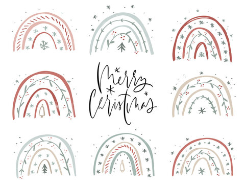 Merry Christmas calligraphy greeting and abstract rainbow clipart set.