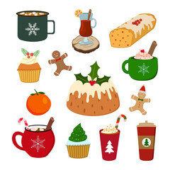 Christmas food and drinks set: mulled wine, hot cocoa, coffee, Christmas cake, gingerbread cookies. Kids illustration. Scrapbook collection. Vector illustration. Isolated on white background.