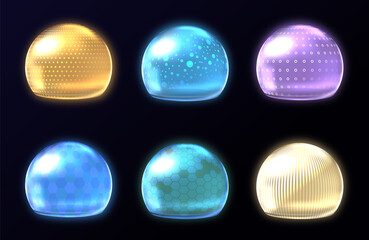 Different energy protection spheres set. Science fiction deflector elements, firewall absolute protection isolated on black background, Realistic 3d vector set