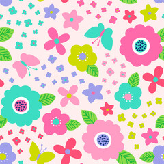 Colourful cute flower and butterfly seamless pattern on pink background.