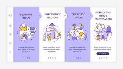 Hyperactive impulsive ADHD signs onboarding vector template. Responsive mobile website with icons. Web page walkthrough 4 step screens. Interrupt conversations color concept with linear illustrations - obrazy, fototapety, plakaty