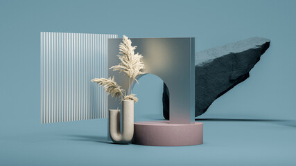 Metal arc on the small pink podium with dry plants and dark rock. Natural showcase. Minimal design. 3d rendering.