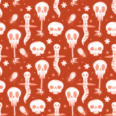 Skull and skeleton halloween pattern Attributes of witchcraft voodoo horror Gothic vector illustration Key knife vector pattern For Halloween gift wrapping paper