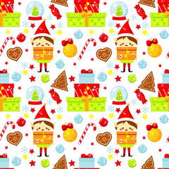 colorful Christmas seamless pattern with elf, gifts candy cane and other seasonal symbols. New year vector background