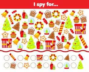 I spy game. Find and count Christmas theme objects. New year activity for kids, toddlers, children