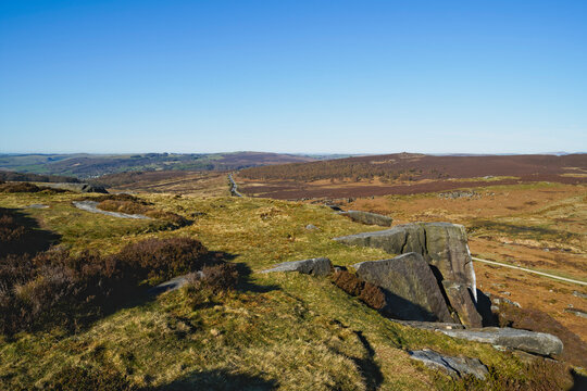 Cloudless blue spring sky over the Derbyshire Peak District.