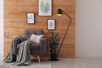 Stylish room interior with floor lamp, beautiful paintings and potted eucalyptus plant