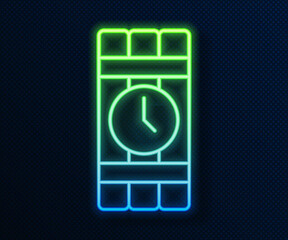 Glowing neon line Detonate dynamite bomb stick and timer clock icon isolated on blue background. Time bomb - explosion danger concept. Vector