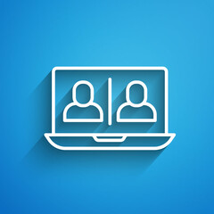 White line Video chat conference icon isolated on blue background. Online meeting work form home. Remote project management. Long shadow. Vector