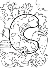 Kids alphabet coloring page ABC - letter C. Coloring book page for children in doodle style. Hand drawn alphabet letter.