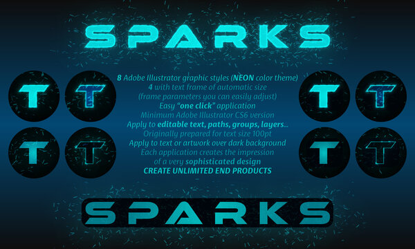 Text with sparks background (Neon color theme). 8 Adobe Illustrator graphic styles