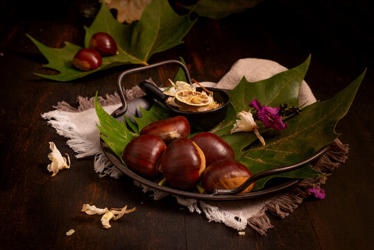 autumn background with Italian chestnuts