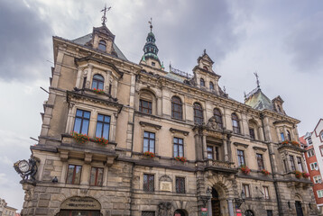Fototapeta na wymiar Facade of City Hall building in Klodzko historic town in the region of Lower Silesia, Poland